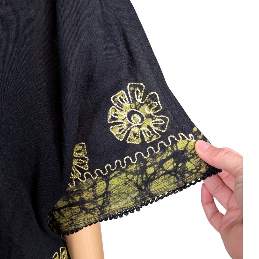 Fashion Terminal Lime Green Black Batik Caftan Tunic Top OS Embroidered Batwing - Picture 4 of 8
